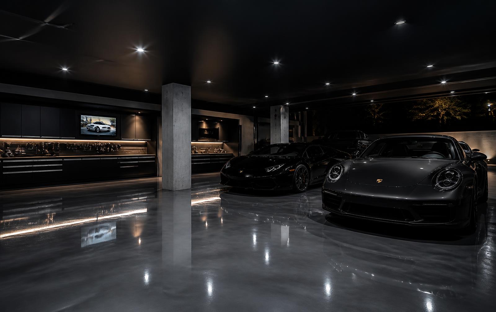 Dark luxury garage with a glossy metallic epoxy floor